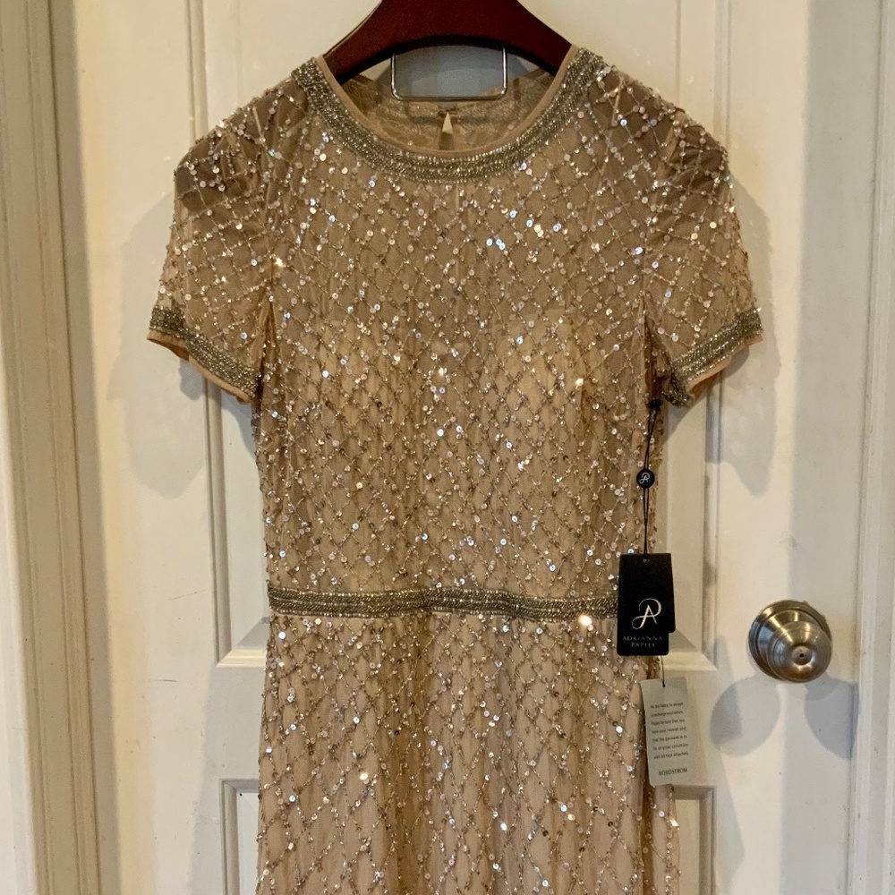 BRAND NEW W/TAGS, SPARKLY CHAMPAGNE ADRIANNA PAPELL DRESS
